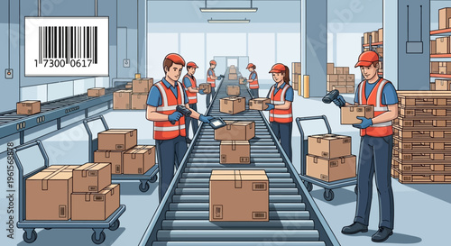 Workers on a warehouse conveyor belt.