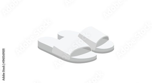 A pair of plain white slide sandals is shown in an isometric perspective against a white background.