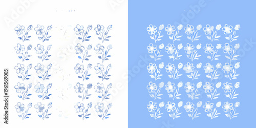 Floral patterns in light blue hues contrasted with faded and clear effects