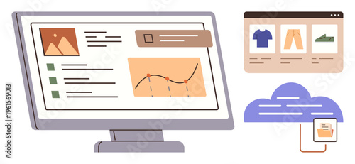 Digital transformation, data analysis, e-commerce platforms, cloud computing, online marketing, business intelligence. Computer screen showing graphs and charts. Digital transformation and data