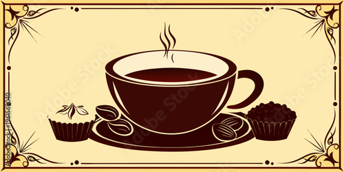 A steaming cup of coffee with pastries in a decorative frame