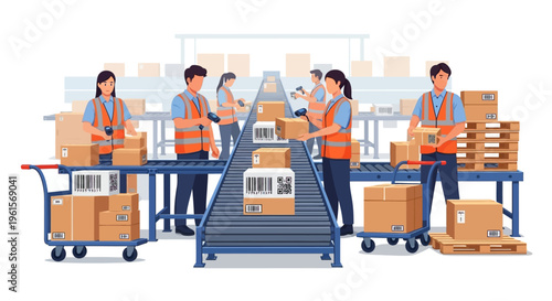 Workers packing boxes on conveyor belt.