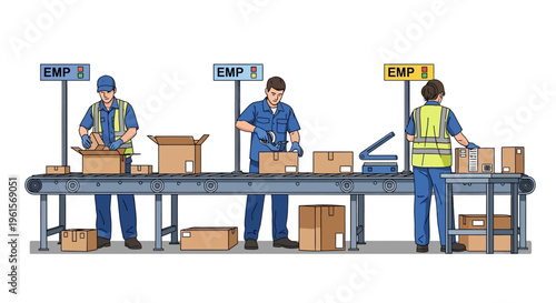 Workers packing boxes on industrial conveyor.