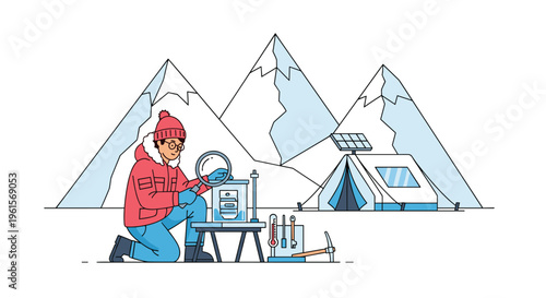A scientist in winter gear kneels to examine a scientific instrument with a magnifying glass in a snowy mountain landscape.