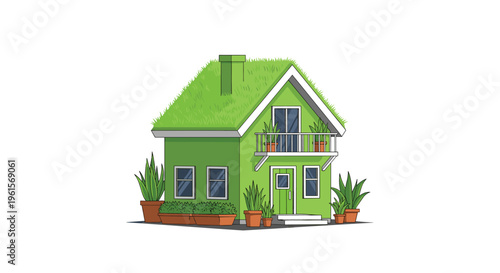 A minimalist two-story green house with a vibrant green grass roof and numerous potted plants stands on a white background.