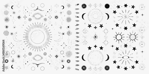 Celestial patterns and mystical symbols in a black and white arrangement