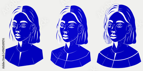 Three stylized blue portraits of a woman with varying hairstyles