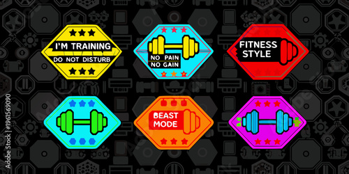Colorful hexagonal fitness badges with motivational phrases and workout imagery