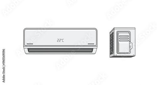 An indoor wall-mounted air conditioning unit displaying 22C and an outdoor compressor unit are shown on a white background.