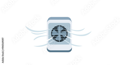 A single light gray and blue portable air cooler with a fan grille emits stylized white air currents on a plain white background.