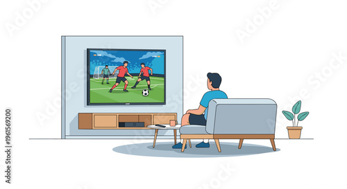 A man sits upright on a light blue armchair watching a soccer game on a television placed on a wooden media console.