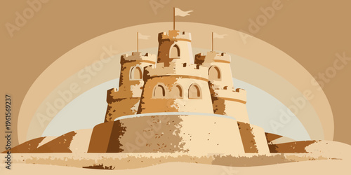 A detailed illustration of a sandcastle resembling a medieval fortress