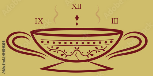 Stylized illustration of a dark red teacup with roman numerals