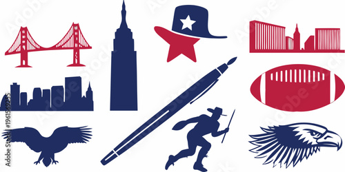 American landmarks symbols and icons in a stylized graphic design