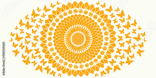 A vibrant orange mandala composed of butterflies and floral elements