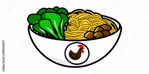Cartoon illustration of ramen in a bowl with a rooster logo