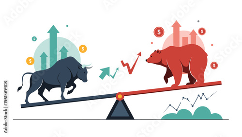Financial stock market concept showing bull and bear characters balanced on a seesaw with trading graphs and dollar signs.