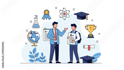 Male teacher congratulating successful student holding a grade paper surrounded by various academic and achievement icons.