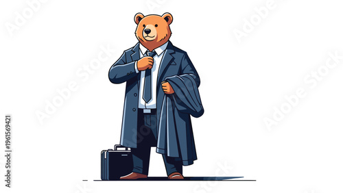 Anthropomorphic brown bear character wearing a formal navy blue business suit and tie while holding a briefcase and coat.