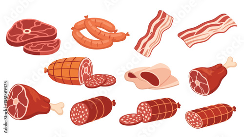 Assortment of different meat products including steaks, bacon strips, hams, and various types of sliced and whole sausages.