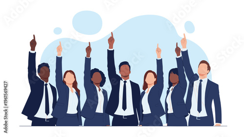 Group of diverse professional business people in suits pointing upwards together representing teamwork, goals, and success.