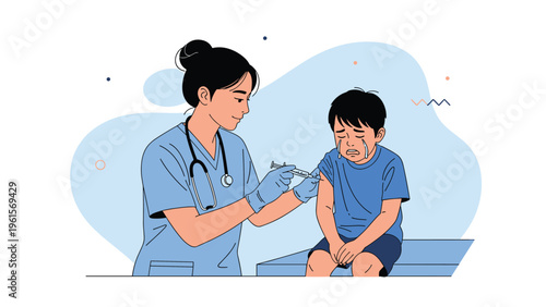 Female doctor in scrubs and gloves administering a vaccine to a crying little boy sitting on an examination table in a clinic.