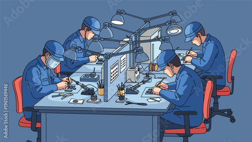 Group of factory workers in blue uniforms and caps sitting at workstations and soldering electronic circuit boards.