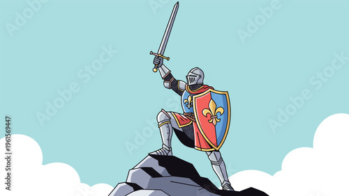 Brave medieval knight in shining armor standing triumphantly on a rocky mountain peak holding a sword and shield high.