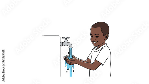 African American young boy happily washing his hands under a running water tap to maintain personal hygiene and prevent spreading germs.