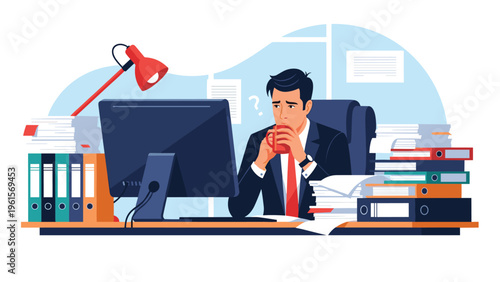 Stressed businessman sitting at a cluttered office desk with many folders and a computer while holding a cup of coffee.