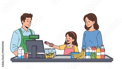 Happy family with a young girl paying the male cashier for groceries at a supermarket checkout counter filled with fresh healthy food.