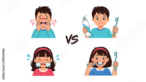 Educational illustration showing children crying with a painful toothache versus children happily brushing their teeth for dental health.