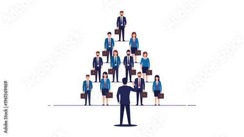 Leader standing in front of a group of business professionals arranged in a pyramid formation representing corporate hierarchy and team.