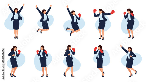 Sequence of a business woman in a suit wearing red boxing gloves and celebrating a victory with various triumphant and energetic poses.
