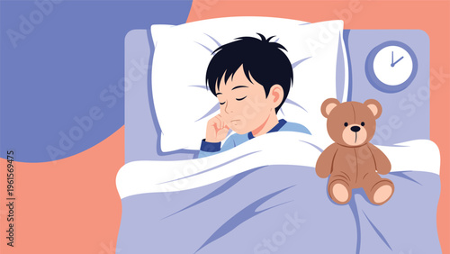 Peaceful young boy sleeping soundly in a comfortable bed with his favorite teddy bear and a clock showing the time in the background.