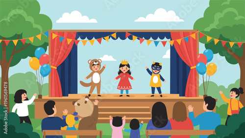 Group of children in animal and royal costumes performing a play on an outdoor stage for an audience of proud parents and friends.