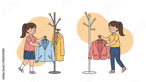 Young girls learning to organize their clothes by hanging jackets and coats on a standing garment rack in a tidy and clean room.