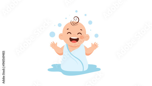 Cheerful baby sitting in a puddle of blue water and splashing happily with soap bubbles floating around in a bright and fun atmosphere.