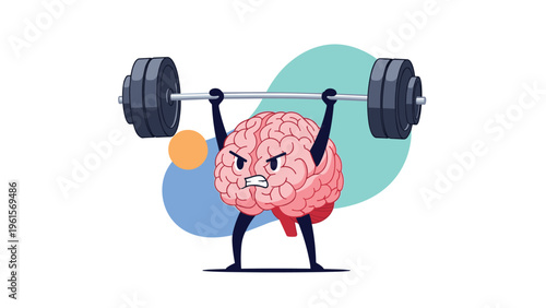 Human brain character with a determined face lifting a heavy barbell to symbolize mental strength, cognitive training, and high intelligence.