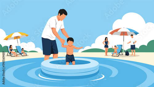 Father helping his young son walk inside a blue inflatable swimming pool on a sunny beach with people relaxing in the background.