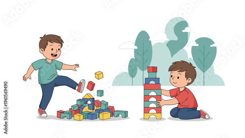 Two young boys playing with colorful building blocks where one boy is building a tall tower and the other is accidentally knocking it over.