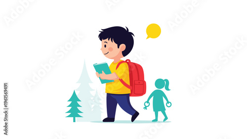 Young boy with a red backpack walking to school while holding a book and followed by a silhouette of a girl with a hula hoop.