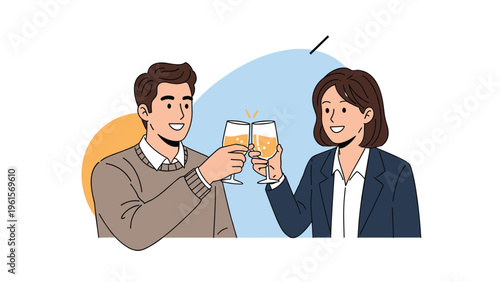 Professional man and woman in business attire smiling and clinking their glasses of champagne in a celebration.