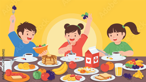 Group of three happy children sitting at a table together while enjoying a large breakfast with pancakes and fruit.