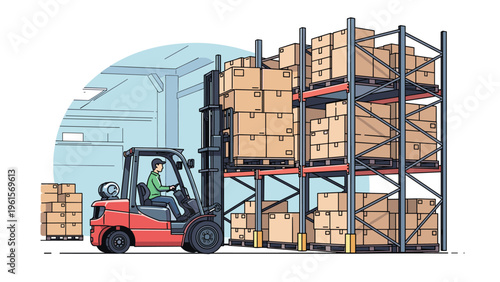 Professional worker operating a red forklift to move heavy boxes in a large warehouse with tall storage racks.