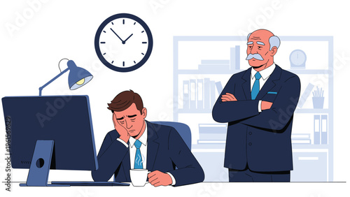 Tired young office employee leaning on his hand at a computer desk while an older boss stands behind him.