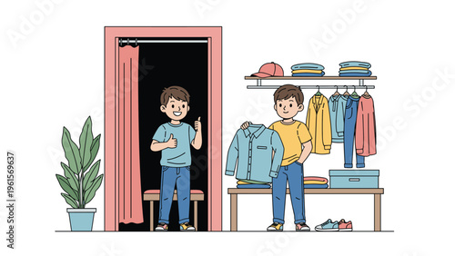Young boy giving a thumbs up from a fitting room while another boy stands outside holding a blue shirt.