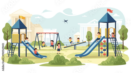 Group of children playing on a large outdoor playground with various equipment like slides, swings, and a see-saw.