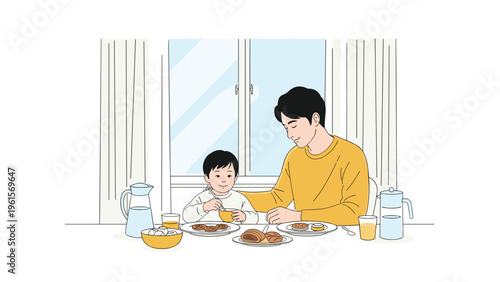 Happy father and his young son sitting at a dining table together while enjoying a healthy breakfast meal.