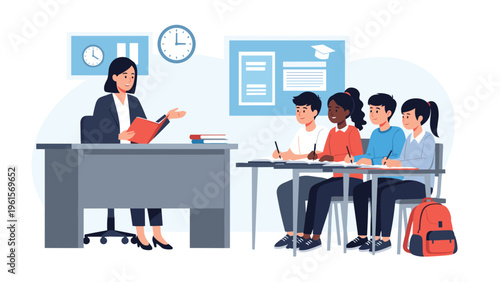 Female teacher sitting at her desk and reading a book to a diverse group of students in a bright classroom.